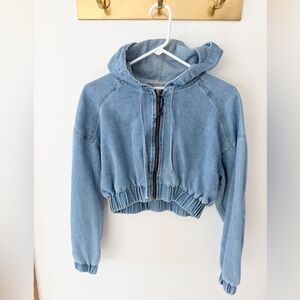Blue Cropped Denim Hoodie- Teen
